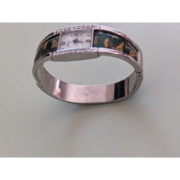 Vintage Domani Silver Tone Bangle Watch Yellow Florals on Green - Picture 3 of 10